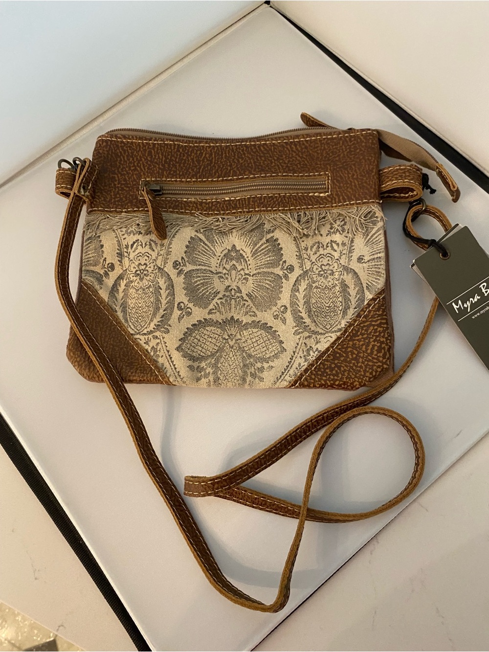 NWT Myra Nifty Bag Brown and Cream Floral Jacquard Small Crossbody
